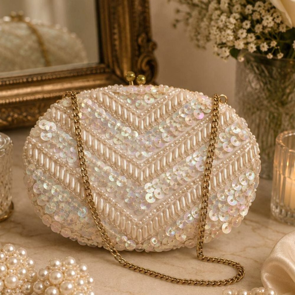 Vintage Hong Kong Beaded Evening Bag | Ivory Sequin Pearl Clutch Purse (1960s)